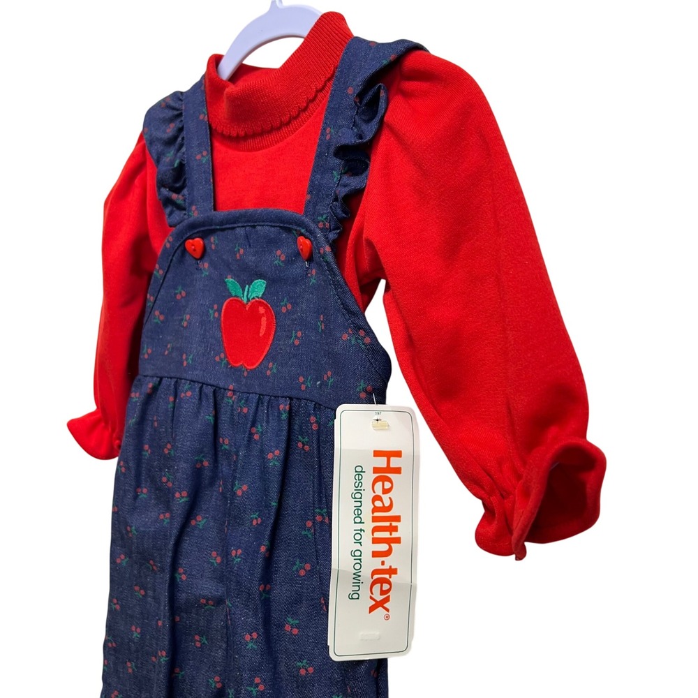 VTG Health-tex Kids 12m Red Long Sleeve Shirt Denim Overalls Apple 70s NOS USA